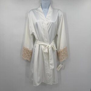 Women’s Flora by Flora Nikrooz Ivory Satin Robe L/XL Lace Trim Tie Waist NWT
